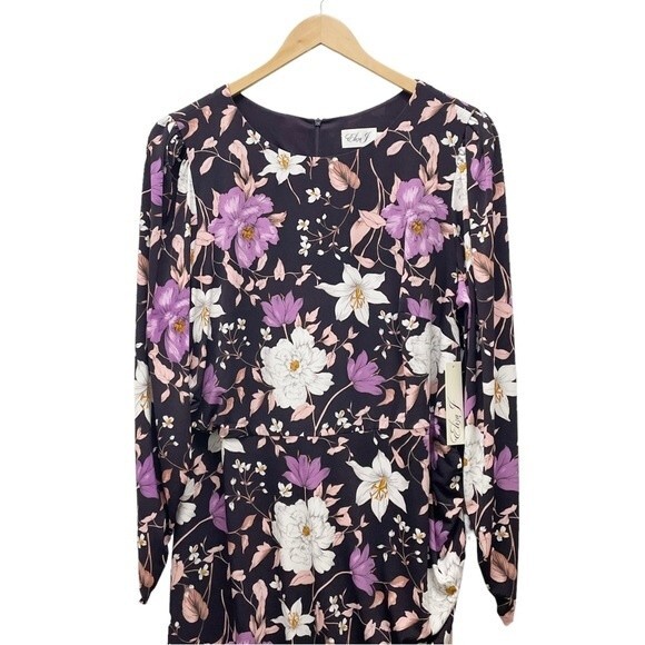 NWT Eliza J Floral Long Sleeve Shirred Midi Dress Aubergine Blooms Plus Size 20W - Picture 6 of 16